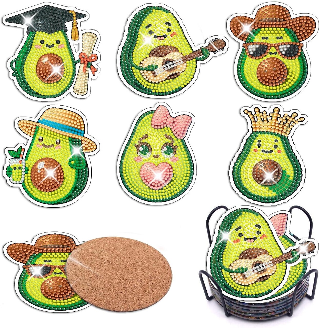 6PCS DIY Avocado Diamond Art Coasters – Cute Fruit Coasters with Holder, Diamond Painting Craft Supplies for Drinks